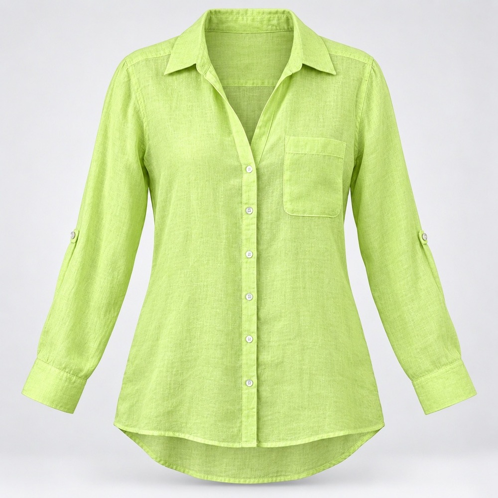 Sigrid Olsen Button Down Shirt Women L Lime Green Linen Coastal Roll-Tab Sleeve